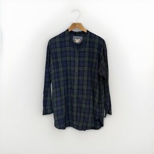 LL Bean  Womens Tunic Shirt M Blue Green Plaid Flannel Collarless Button Down